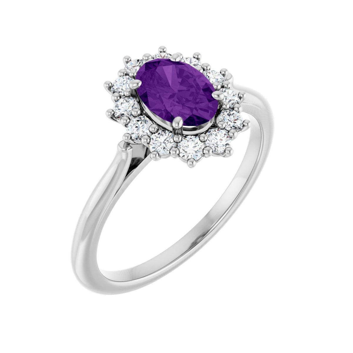 Sapphire Row Natural Gemstone Halo Ring - Amethyst, Platinum, Oval 7 × 5 mm · lab-grown diamond halo