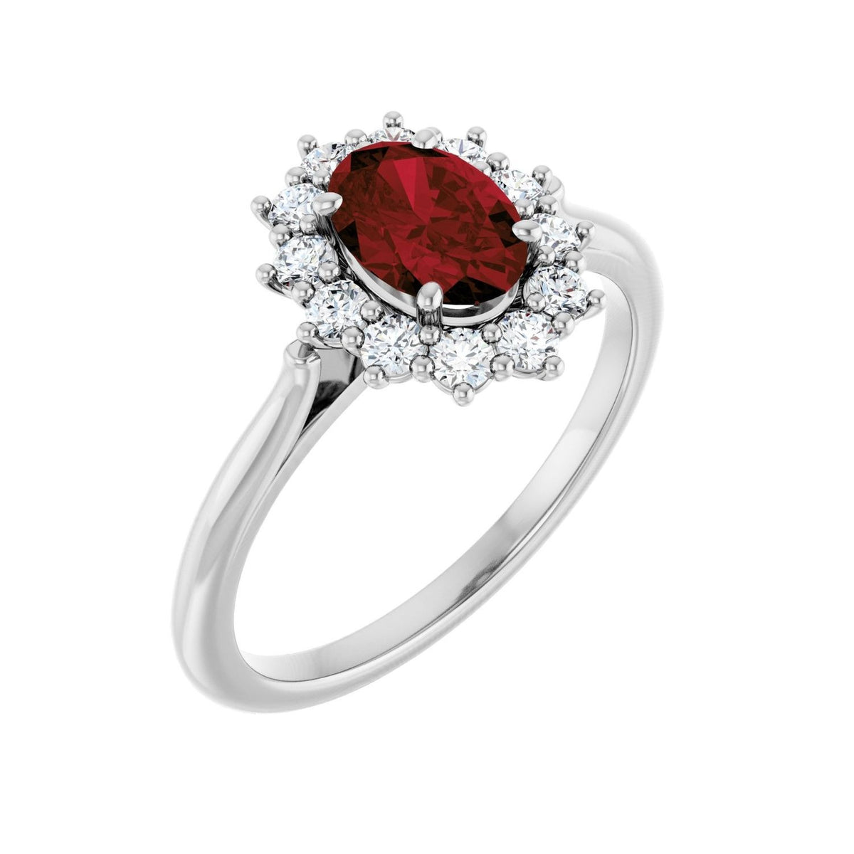 Sapphire Row Natural Gemstone Halo Ring - Mozambique Garnet, Platinum, Oval 7 × 5 mm · lab-grown diamond halo