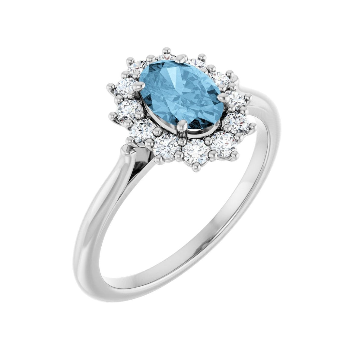 Sapphire Row Natural Gemstone Halo Ring - Sky Blue Topaz, Platinum, Oval 7 × 5 mm · lab-grown diamond halo