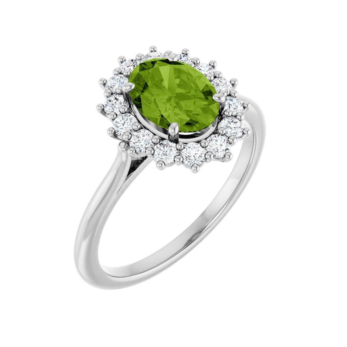 Sapphire Row Natural Gemstone Halo Ring - Peridot, Platinum, Oval 8 × 6 mm · lab-grown diamond halo