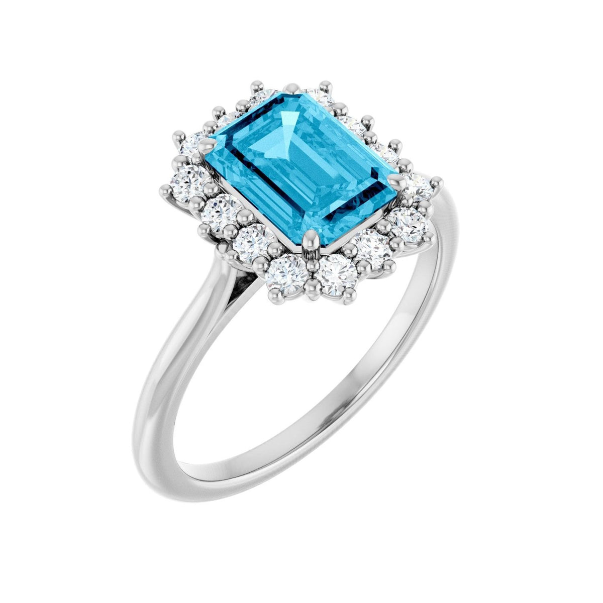 Sapphire Row Natural Gemstone Halo Ring - Aquamarine, Platinum, Emerald 8 × 6 mm · lab-grown diamond halo