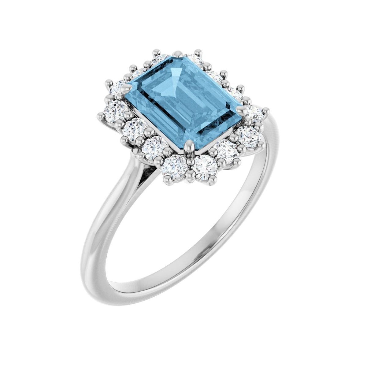 Sapphire Row Natural Gemstone Halo Ring - Sky Blue Topaz, Platinum, Emerald 8 × 6 mm · lab-grown diamond halo