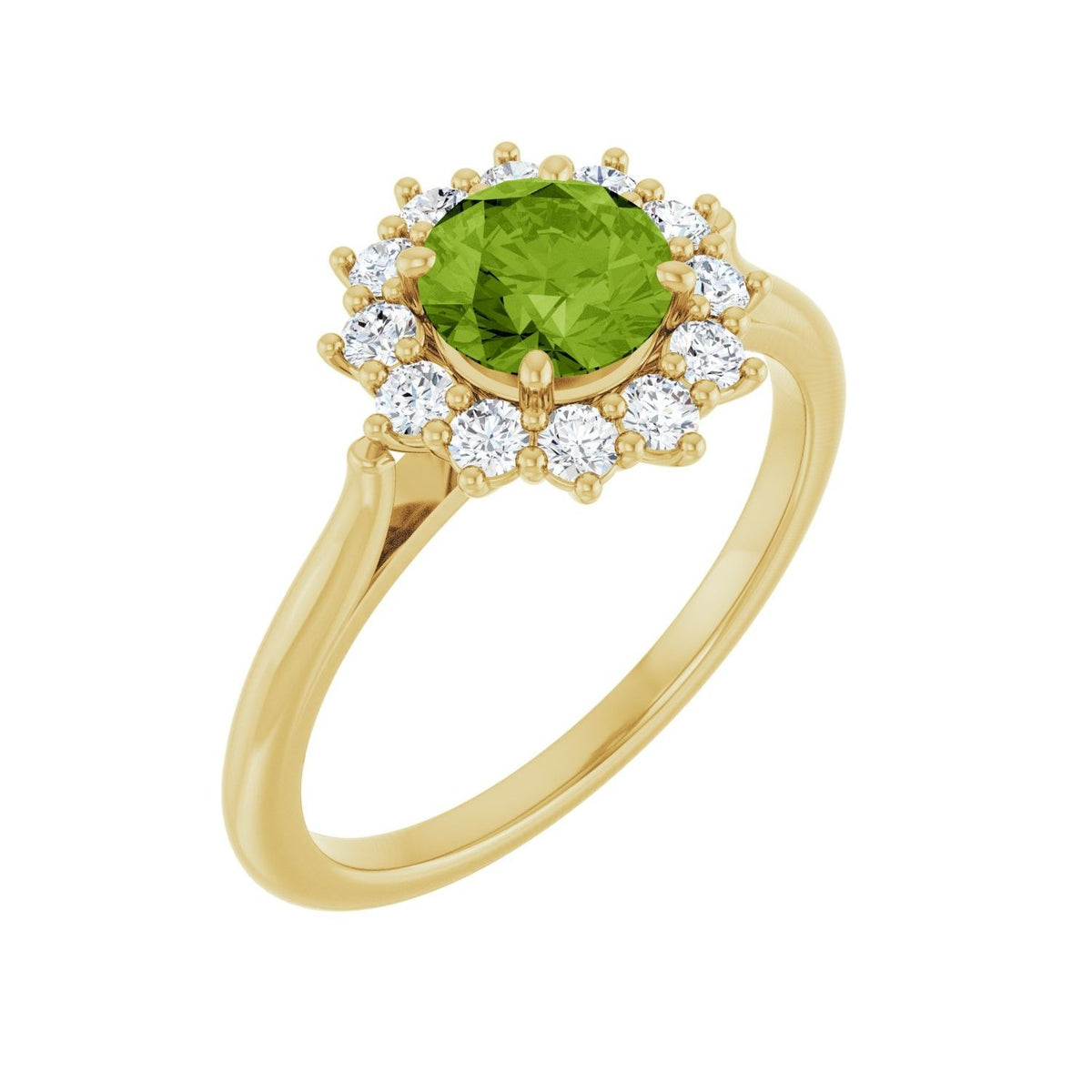 Sapphire Row Natural Gemstone Halo Ring - Peridot, 10K Yellow Gold, Round 6 mm · lab-grown diamond halo