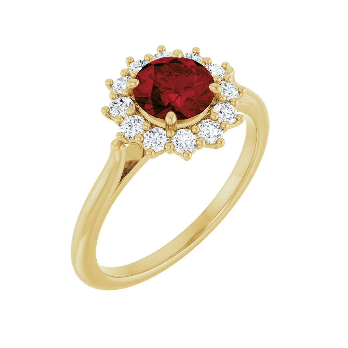 Sapphire Row Natural Gemstone Halo Ring - Mozambique Garnet, 14K Yellow Gold, Round 6 mm · lab-grown diamond halo