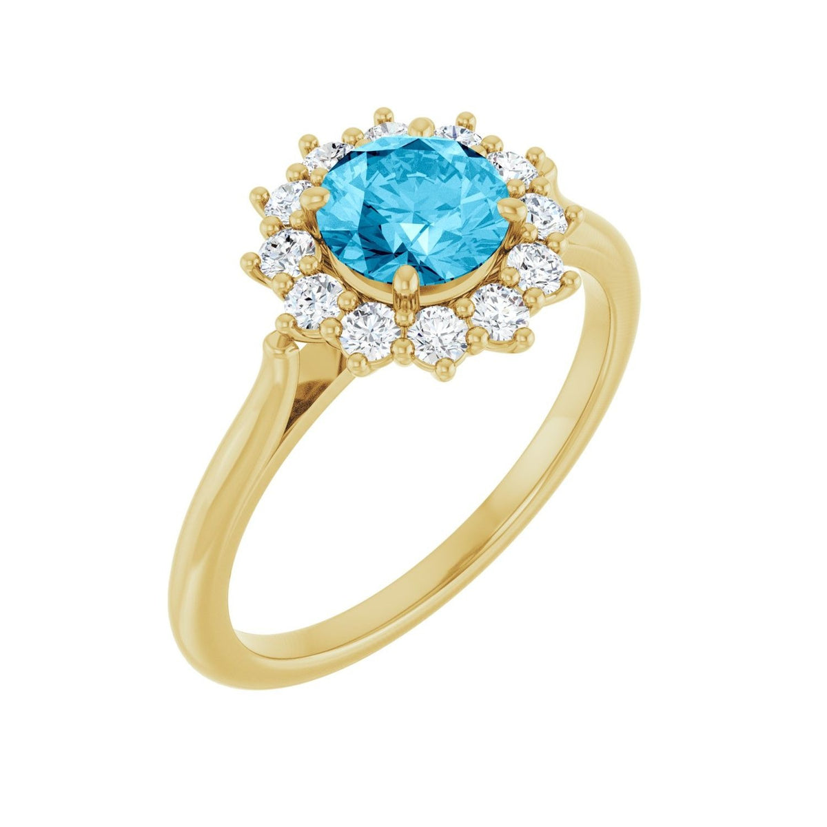 Sapphire Row Natural Gemstone Halo Ring - Aquamarine, 14K Yellow Gold, Round 6 mm · lab-grown diamond halo