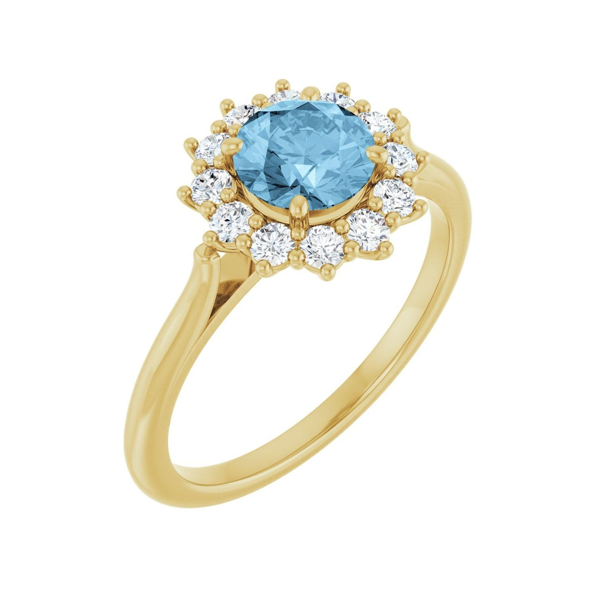 Sapphire Row Natural Gemstone Halo Ring - Sky Blue Topaz, 14K Yellow Gold, Round 6 mm · lab-grown diamond halo