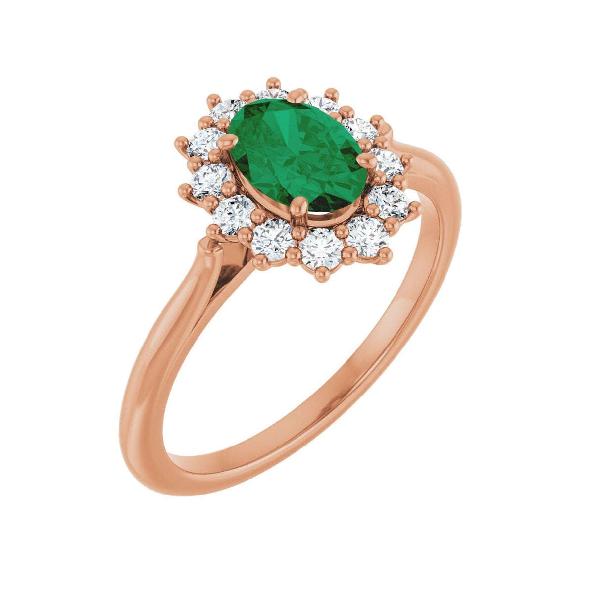 Sapphire Row Lab-Grown Gemstone Halo Ring - Emerald, 14K Rose Gold, Oval 7 × 5 mm · lab-grown diamond halo
