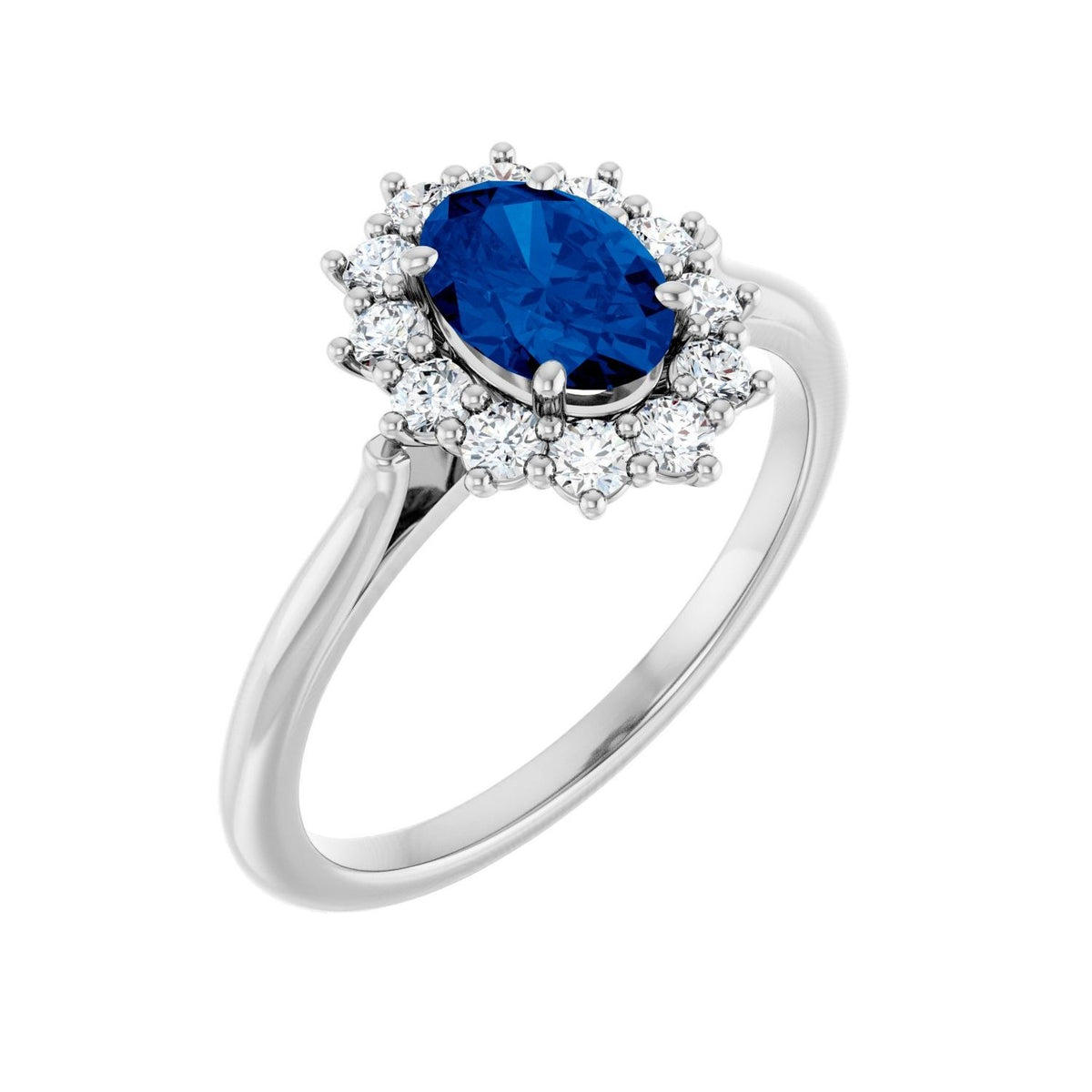 Sapphire Row Lab-Grown Gemstone Halo Ring - Blue Sapphire, 14K White Gold, Oval 7 × 5 mm · lab-grown diamond halo