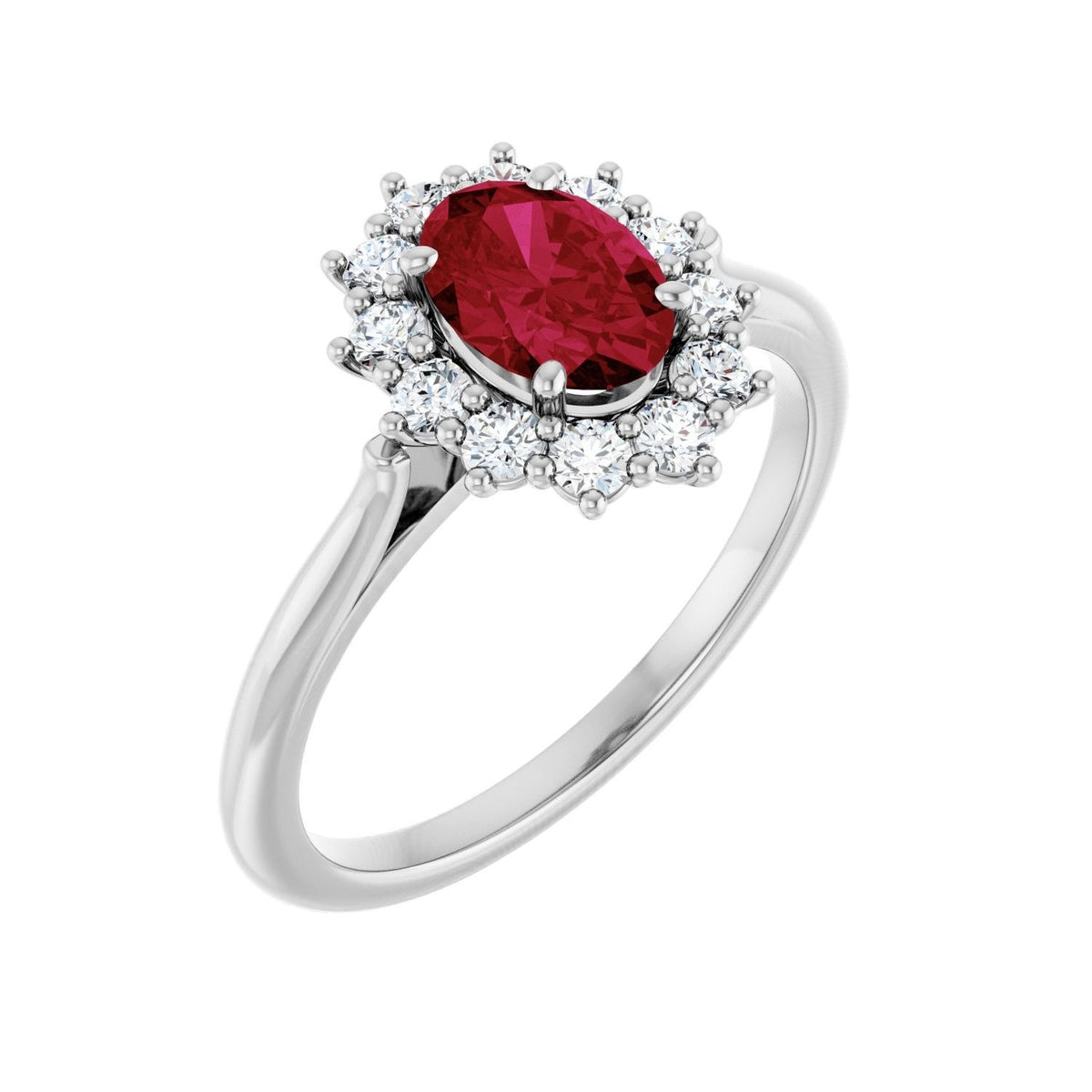 Sapphire Row Lab-Grown Gemstone Halo Ring - Ruby, 14K White Gold, Oval 7 × 5 mm · lab-grown diamond halo