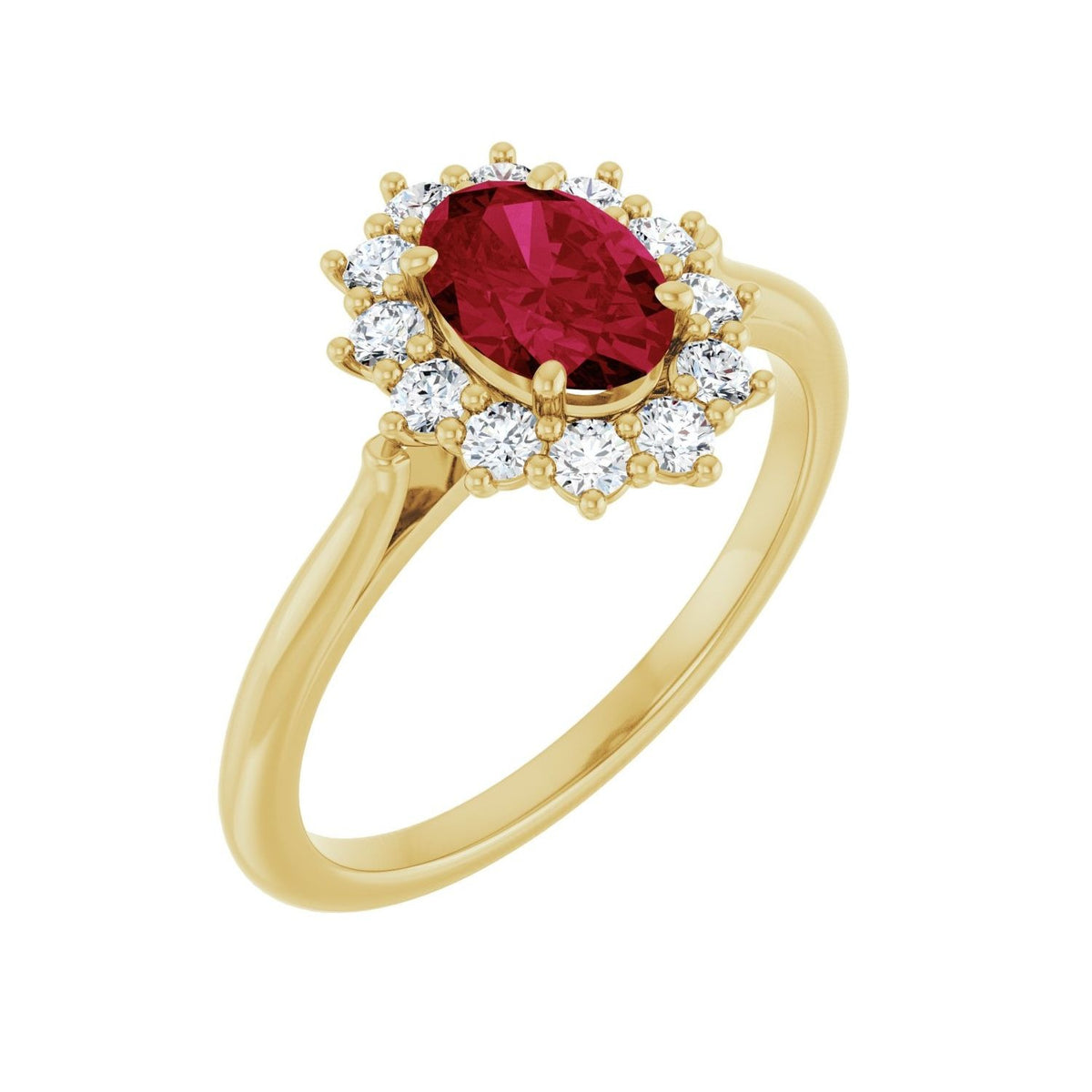 Sapphire Row Lab-Grown Gemstone Halo Ring - Ruby, 14K Yellow Gold, Oval 7 × 5 mm · lab-grown diamond halo