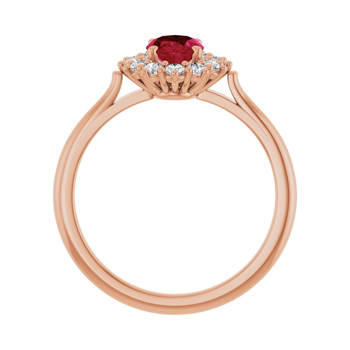 Sapphire Row Lab-Grown Gemstone Halo Ring - Ruby, 14K Rose Gold, Oval 7 × 5 mm · lab-grown diamond halo (view 2)