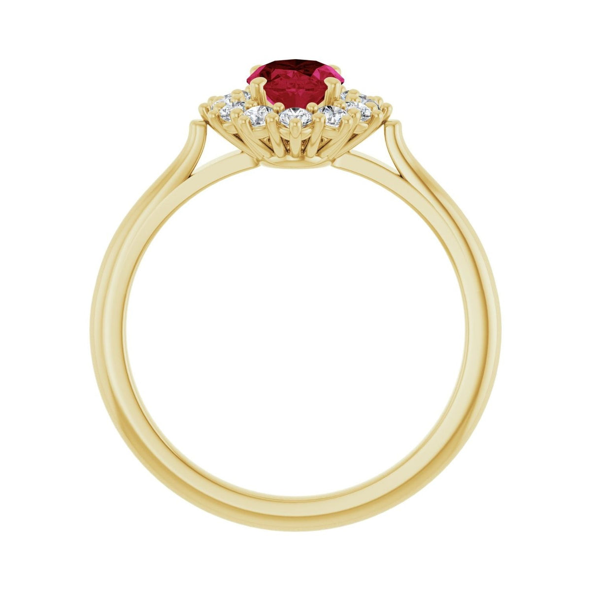 Sapphire Row Lab-Grown Gemstone Halo Ring - Ruby, 10K Yellow Gold, Oval 7 × 5 mm · lab-grown diamond halo (view 2)