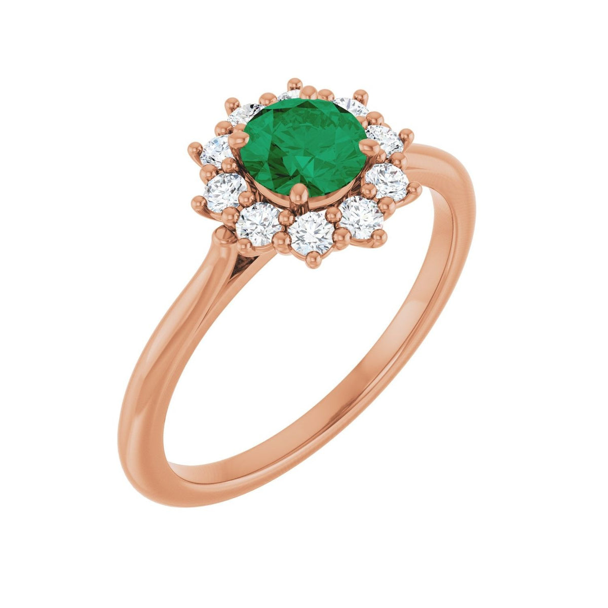 Sapphire Row Lab-Grown Gemstone Halo Ring - Emerald, 14K Rose Gold, Round 5.2 mm · lab-grown diamond halo