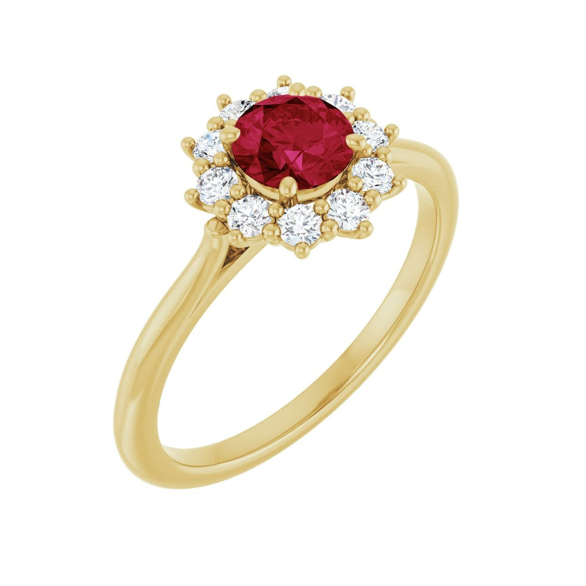 Sapphire Row Lab-Grown Gemstone Halo Ring - Ruby, 14K Yellow Gold, Round 5.2 mm · lab-grown diamond halo