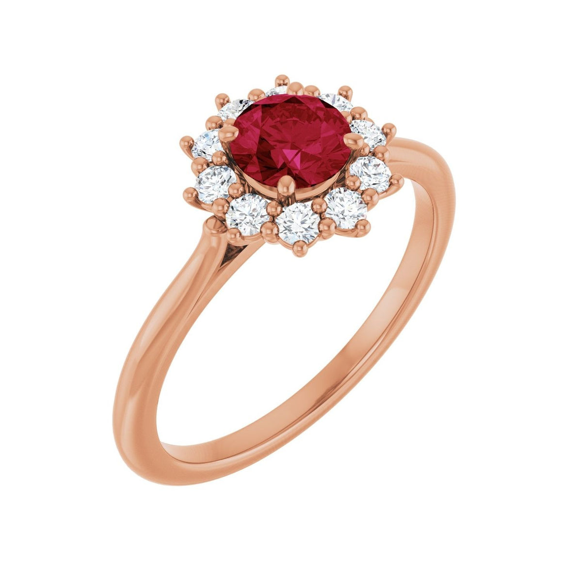 Sapphire Row Lab-Grown Gemstone Halo Ring - Ruby, 14K Rose Gold, Round 5.2 mm · lab-grown diamond halo