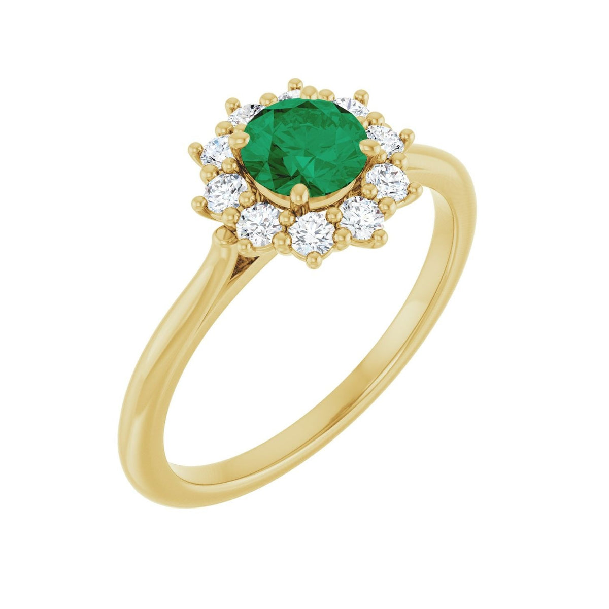 Sapphire Row Lab-Grown Gemstone Halo Ring - Emerald, 14K Yellow Gold, Round 5.2 mm · lab-grown diamond halo