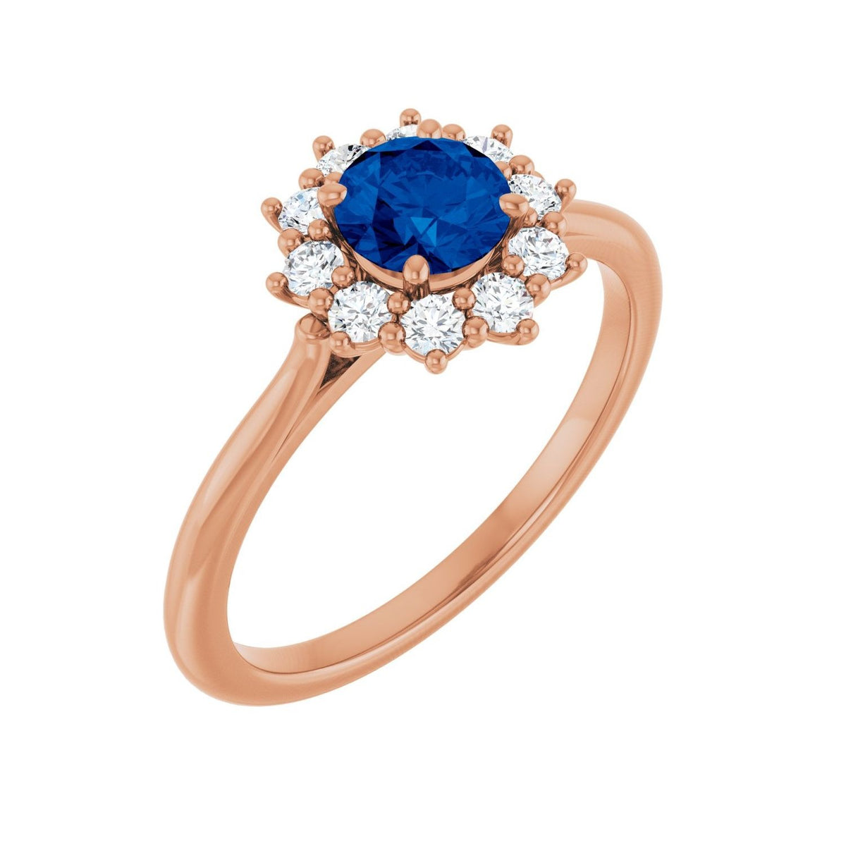 Sapphire Row Lab-Grown Gemstone Halo Ring - Blue Sapphire, 14K Rose Gold, Round 5.2 mm · lab-grown diamond halo