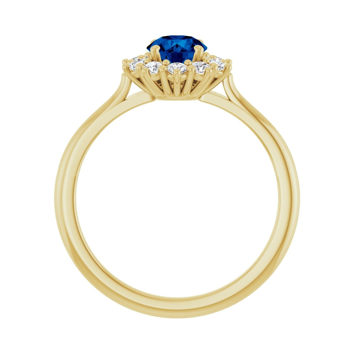 Sapphire Row Lab-Grown Gemstone Halo Ring - Blue Sapphire, 14K Yellow Gold, Round 5.2 mm · lab-grown diamond halo (view 2)