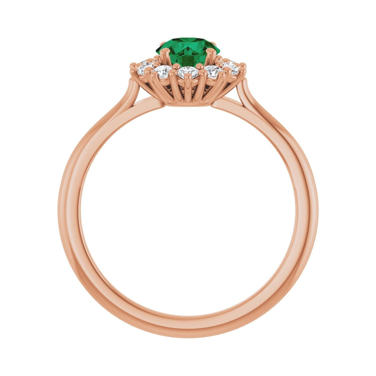 Sapphire Row Lab-Grown Gemstone Halo Ring - Emerald, 14K Rose Gold, Round 5.2 mm · lab-grown diamond halo (view 2)