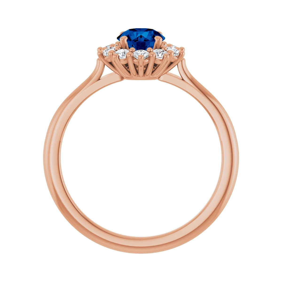 Sapphire Row Lab-Grown Gemstone Halo Ring - Blue Sapphire, 14K Rose Gold, Round 5.2 mm · lab-grown diamond halo (view 2)