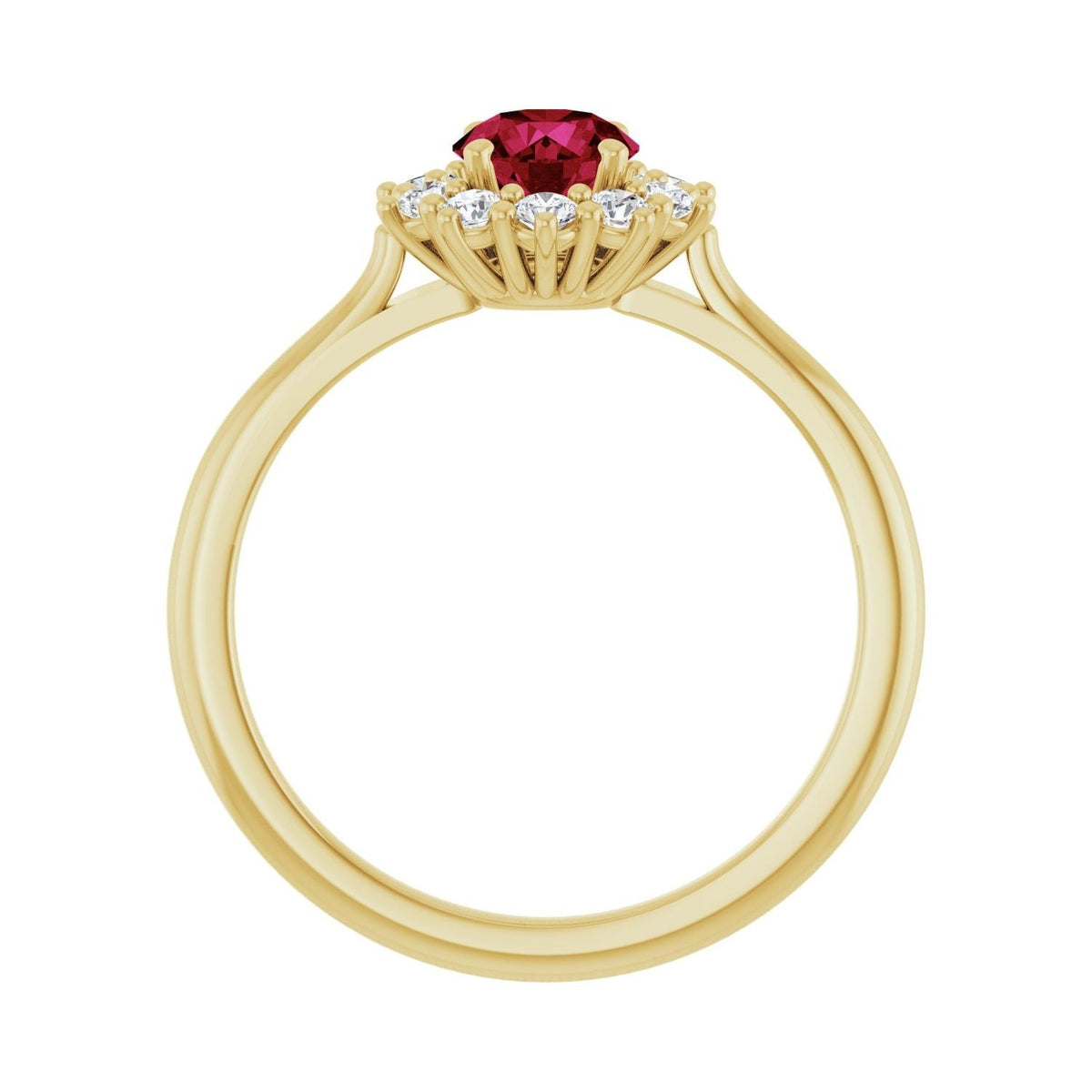 Sapphire Row Lab-Grown Gemstone Halo Ring - Ruby, 14K Yellow Gold, Round 5.2 mm · lab-grown diamond halo (view 2)