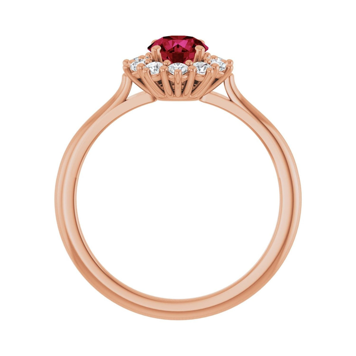 Sapphire Row Lab-Grown Gemstone Halo Ring - Ruby, 14K Rose Gold, Round 5.2 mm · lab-grown diamond halo (view 2)