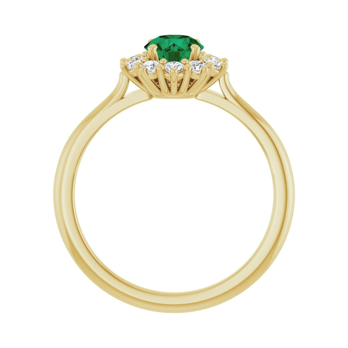 Sapphire Row Lab-Grown Gemstone Halo Ring - Emerald, 14K Yellow Gold, Round 5.2 mm · lab-grown diamond halo (view 2)