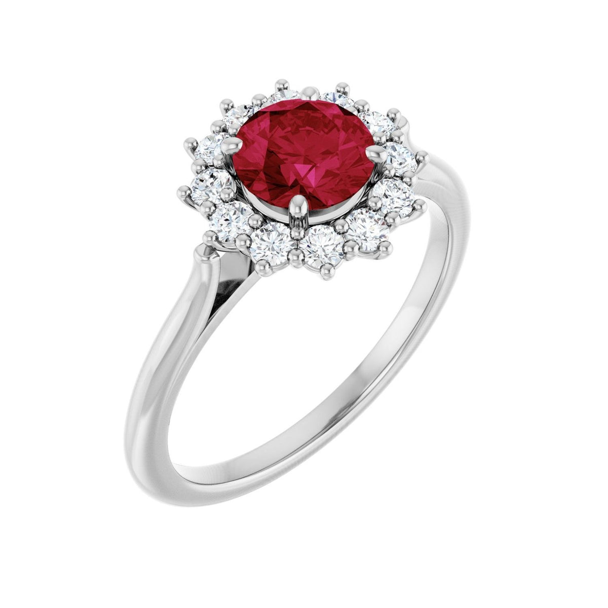Sapphire Row Lab-Grown Gemstone Halo Ring - Ruby, 14K White Gold, Round 6 mm · lab-grown diamond halo