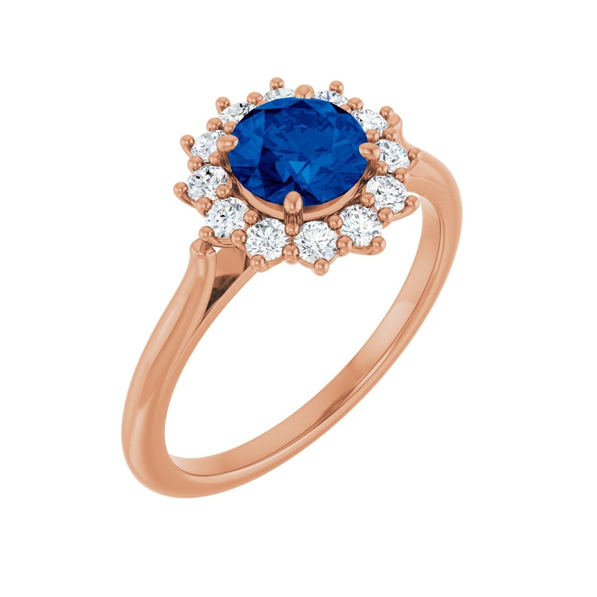 Sapphire Row Lab-Grown Gemstone Halo Ring - Blue Sapphire, 14K Rose Gold, Round 6 mm · lab-grown diamond halo