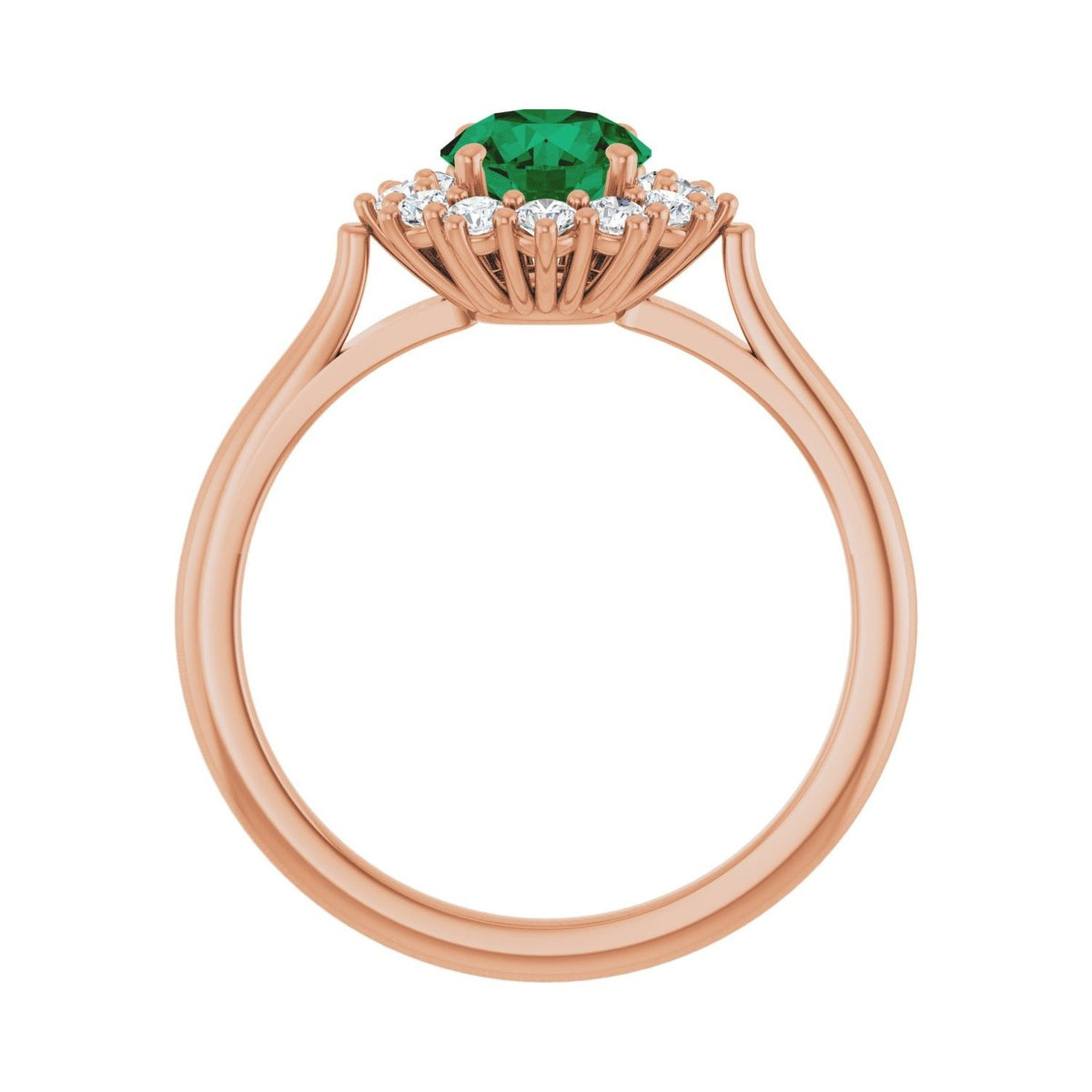 Sapphire Row Lab-Grown Gemstone Halo Ring - Emerald, 14K Rose Gold, Round 6 mm · lab-grown diamond halo (view 2)