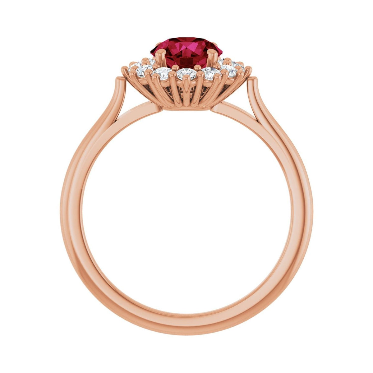 Sapphire Row Lab-Grown Gemstone Halo Ring - Ruby, 14K Rose Gold, Round 6 mm · lab-grown diamond halo (view 2)