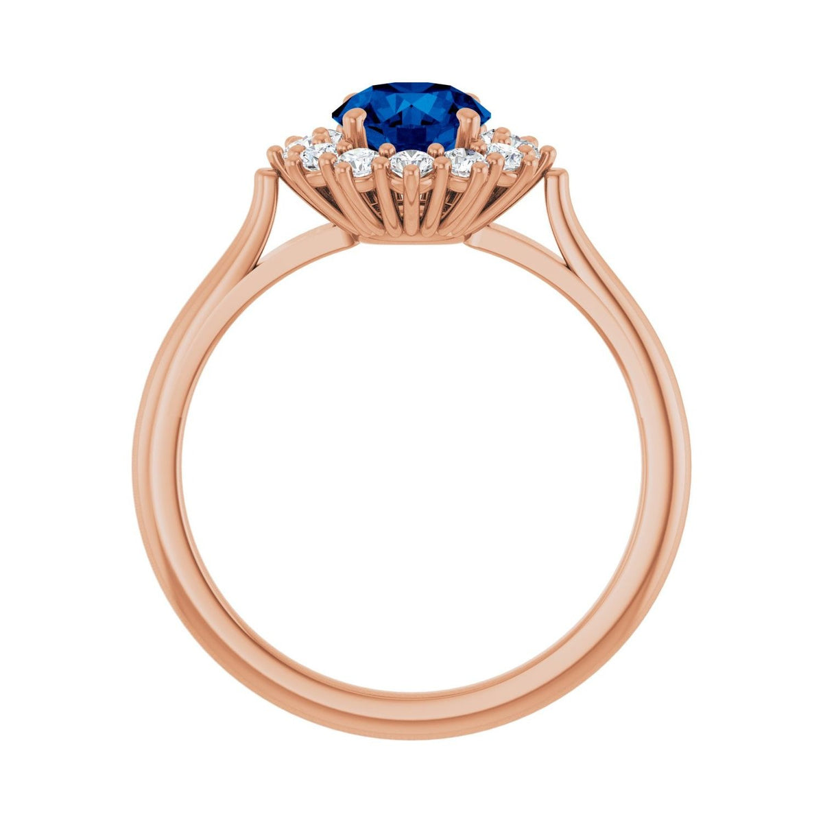 Sapphire Row Lab-Grown Gemstone Halo Ring - Blue Sapphire, 14K Rose Gold, Round 6 mm · lab-grown diamond halo (view 2)