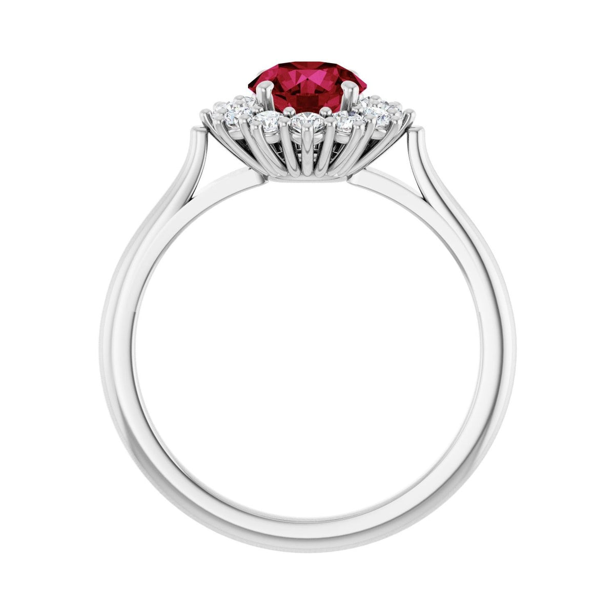 Sapphire Row Lab-Grown Gemstone Halo Ring - Ruby, 10K White Gold, Round 6 mm · lab-grown diamond halo (view 2)