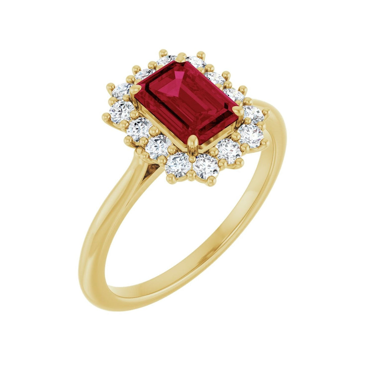 Sapphire Row Lab-Grown Gemstone Halo Ring - Ruby, 10K Yellow Gold, Emerald 7 × 5 mm · lab-grown diamond halo