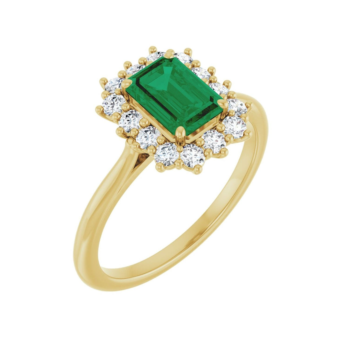 Sapphire Row Lab-Grown Gemstone Halo Ring - Emerald, 10K Yellow Gold, Emerald 7 × 5 mm · lab-grown diamond halo