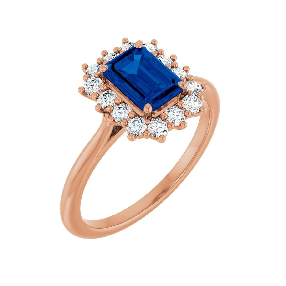 Sapphire Row Lab-Grown Gemstone Halo Ring - Blue Sapphire, 14K Rose Gold, Emerald 7 × 5 mm · lab-grown diamond halo