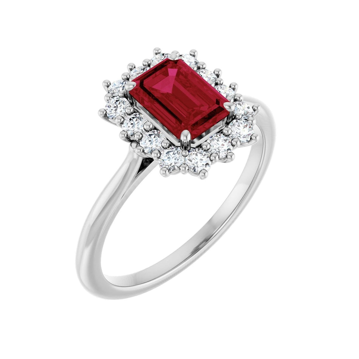 Sapphire Row Lab-Grown Gemstone Halo Ring - Ruby, 14K White Gold, Emerald 7 × 5 mm · lab-grown diamond halo