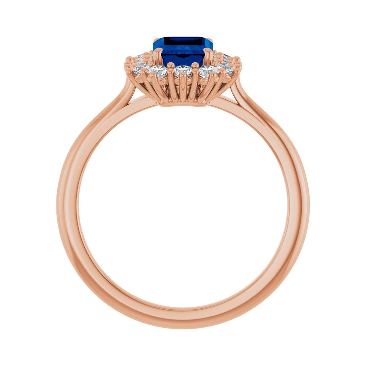Sapphire Row Lab-Grown Gemstone Halo Ring - Blue Sapphire, 14K Rose Gold, Emerald 7 × 5 mm · lab-grown diamond halo (view 2)