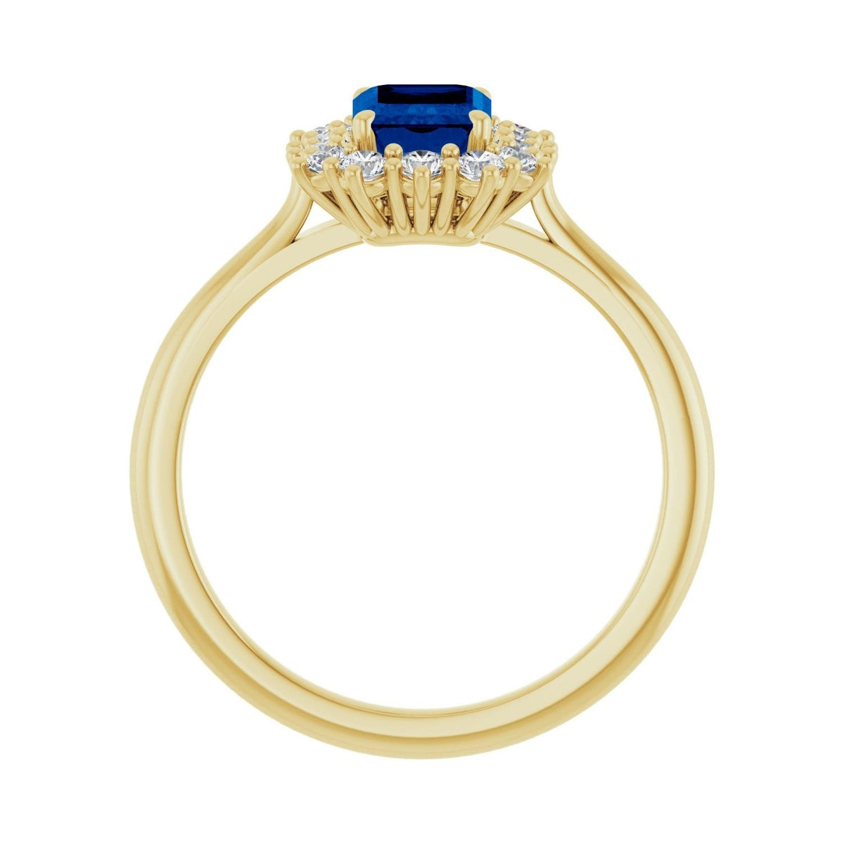 Sapphire Row Lab-Grown Gemstone Halo Ring - Blue Sapphire, 14K Yellow Gold, Emerald 7 × 5 mm · lab-grown diamond halo (view 2)