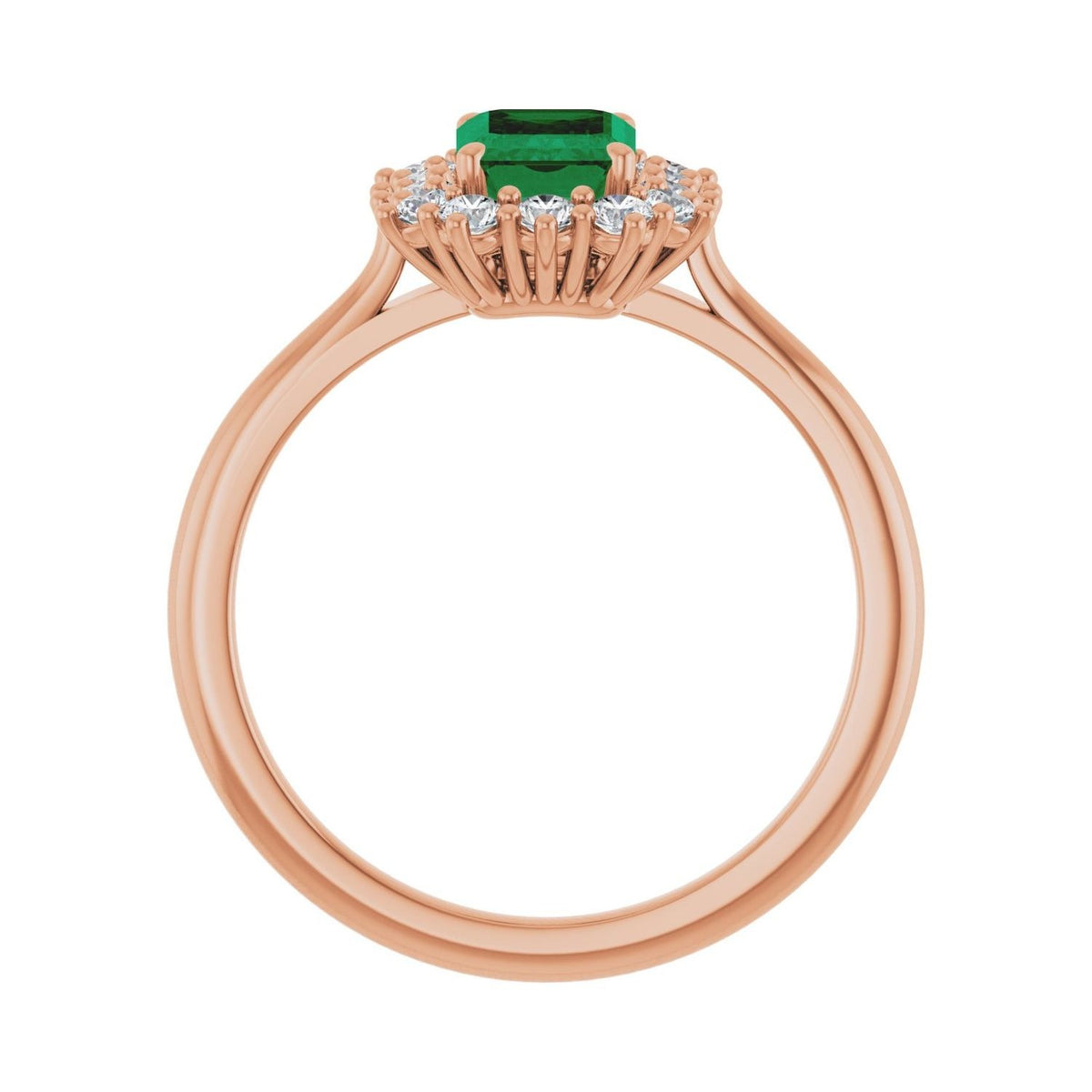 Sapphire Row Lab-Grown Gemstone Halo Ring - Emerald, 14K Rose Gold, Emerald 7 × 5 mm · lab-grown diamond halo (view 2)