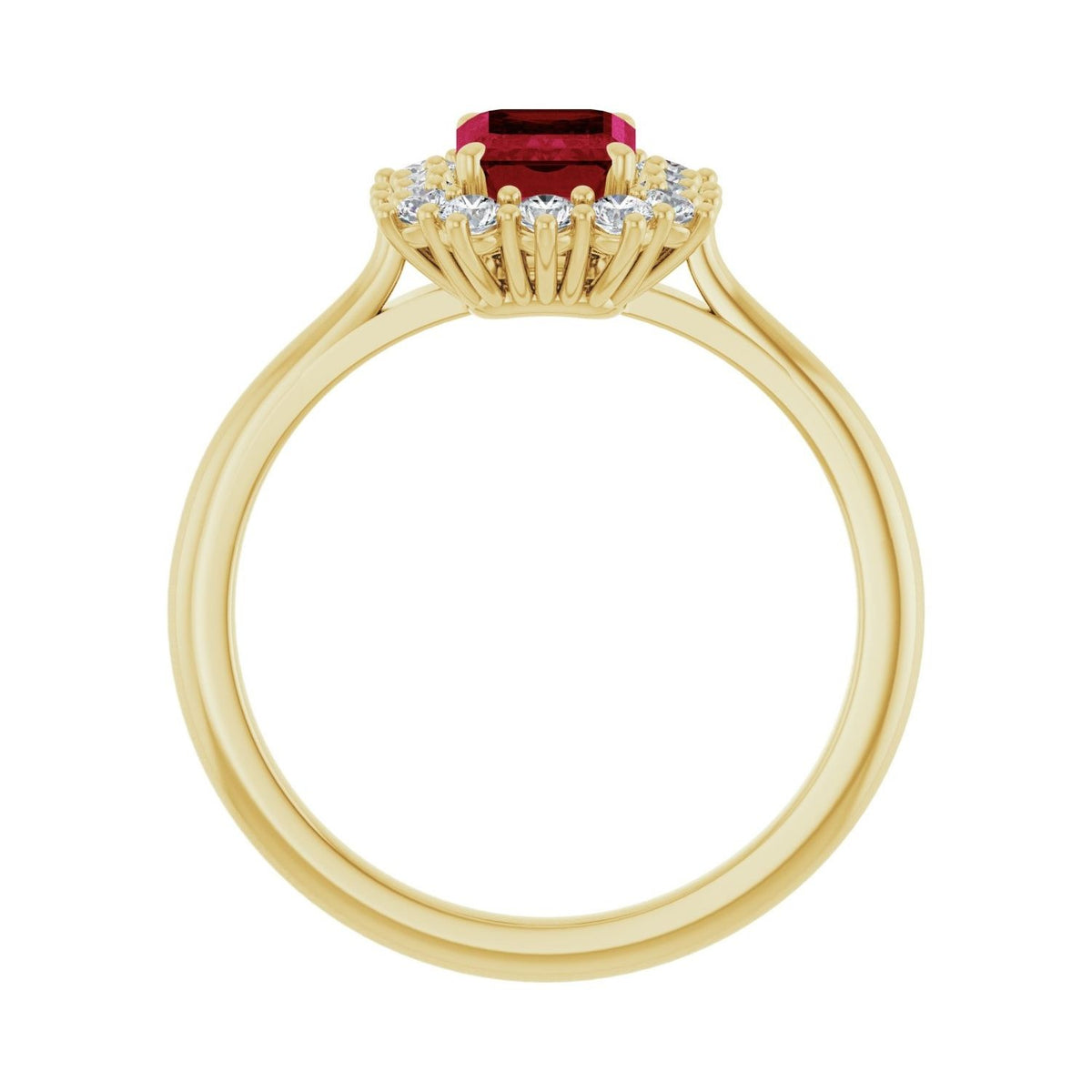 Sapphire Row Lab-Grown Gemstone Halo Ring - Ruby, 14K Yellow Gold, Emerald 7 × 5 mm · lab-grown diamond halo (view 2)