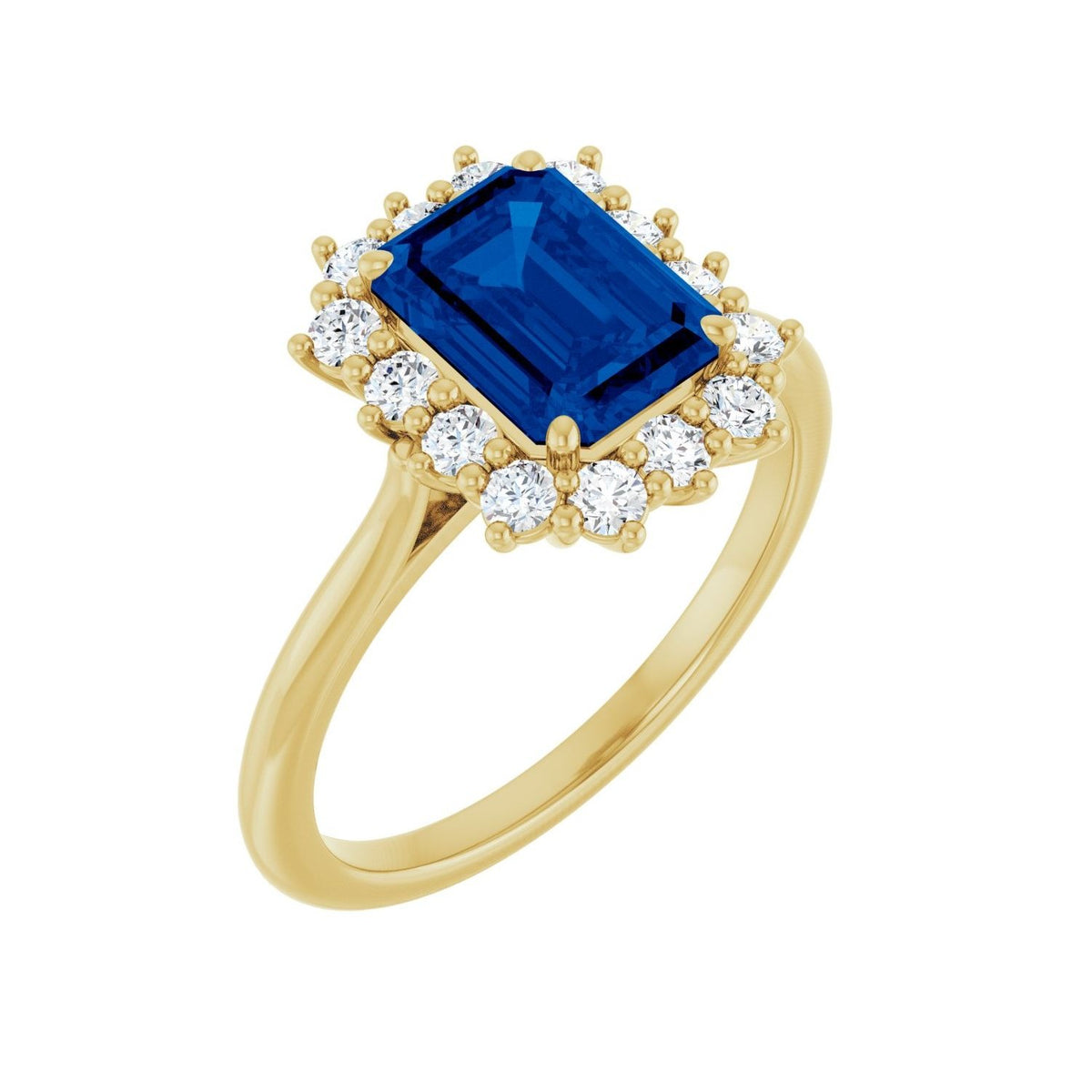 Sapphire Row Lab-Grown Gemstone Halo Ring - Blue Sapphire, 10K Yellow Gold, Emerald 8 × 6 mm · lab-grown diamond halo