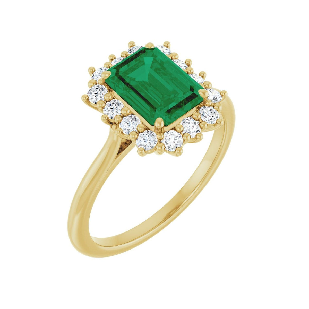 Sapphire Row Lab-Grown Gemstone Halo Ring - Emerald, 14K Yellow Gold, Emerald 8 × 6 mm · lab-grown diamond halo