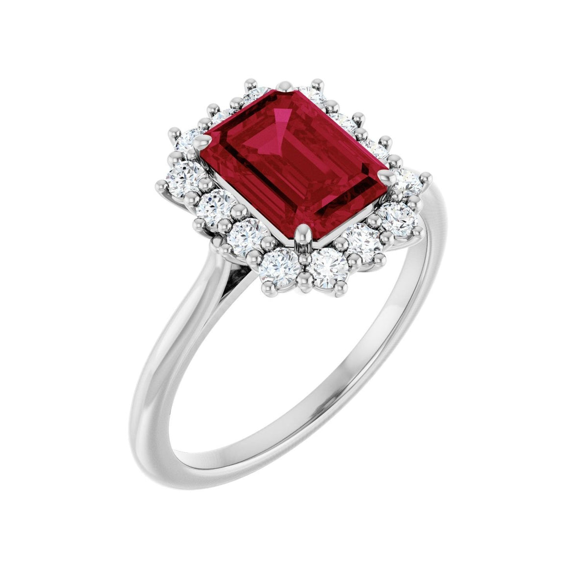 Sapphire Row Lab-Grown Gemstone Halo Ring - Ruby, 10K White Gold, Emerald 8 × 6 mm · lab-grown diamond halo