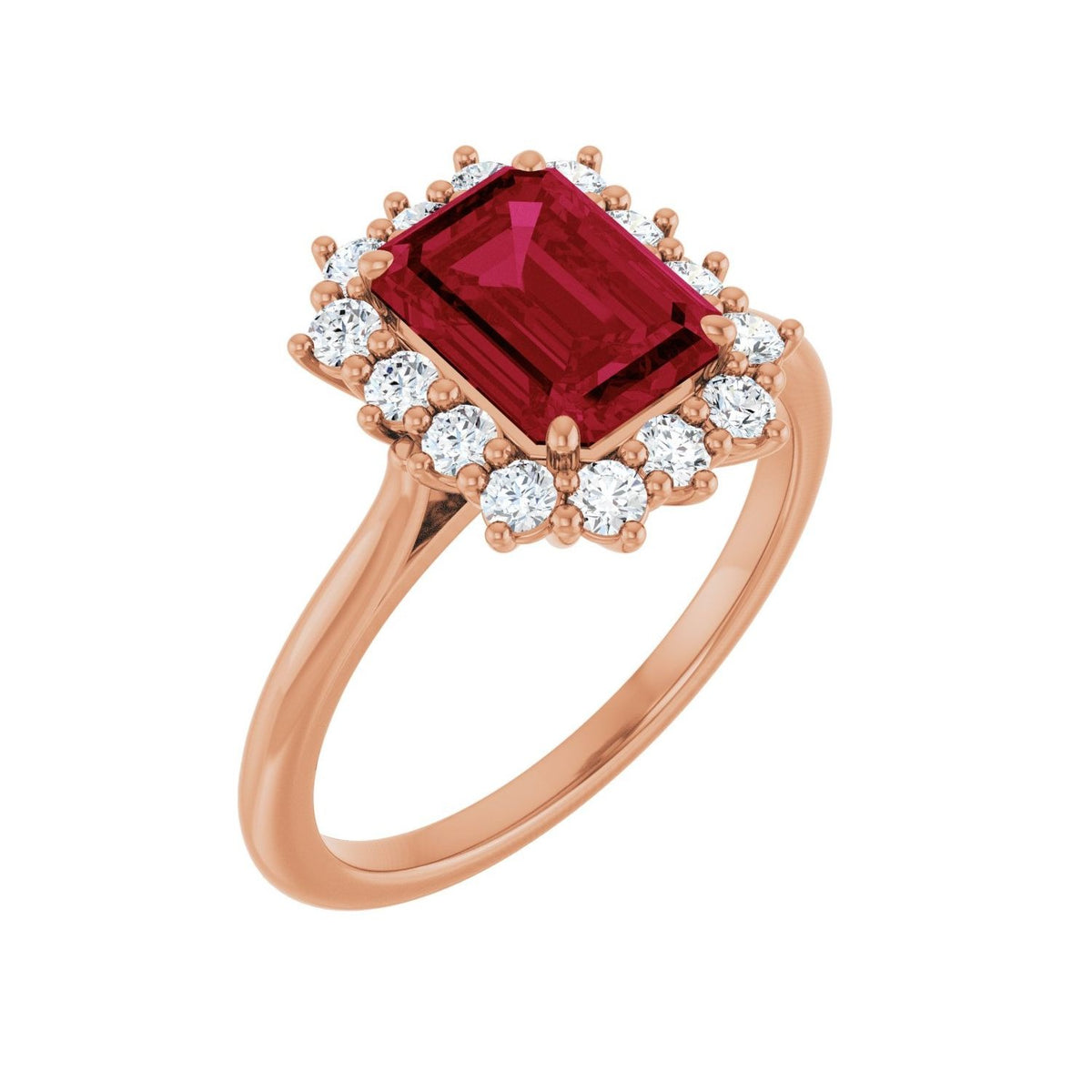 Sapphire Row Lab-Grown Gemstone Halo Ring - Ruby, 14K Rose Gold, Emerald 8 × 6 mm · lab-grown diamond halo