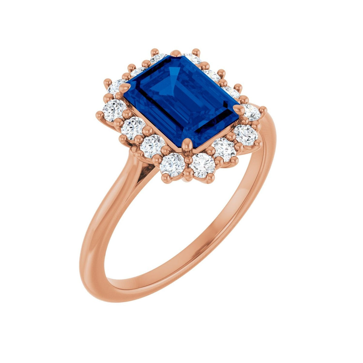 Sapphire Row Lab-Grown Gemstone Halo Ring - Blue Sapphire, 14K Rose Gold, Emerald 8 × 6 mm · lab-grown diamond halo