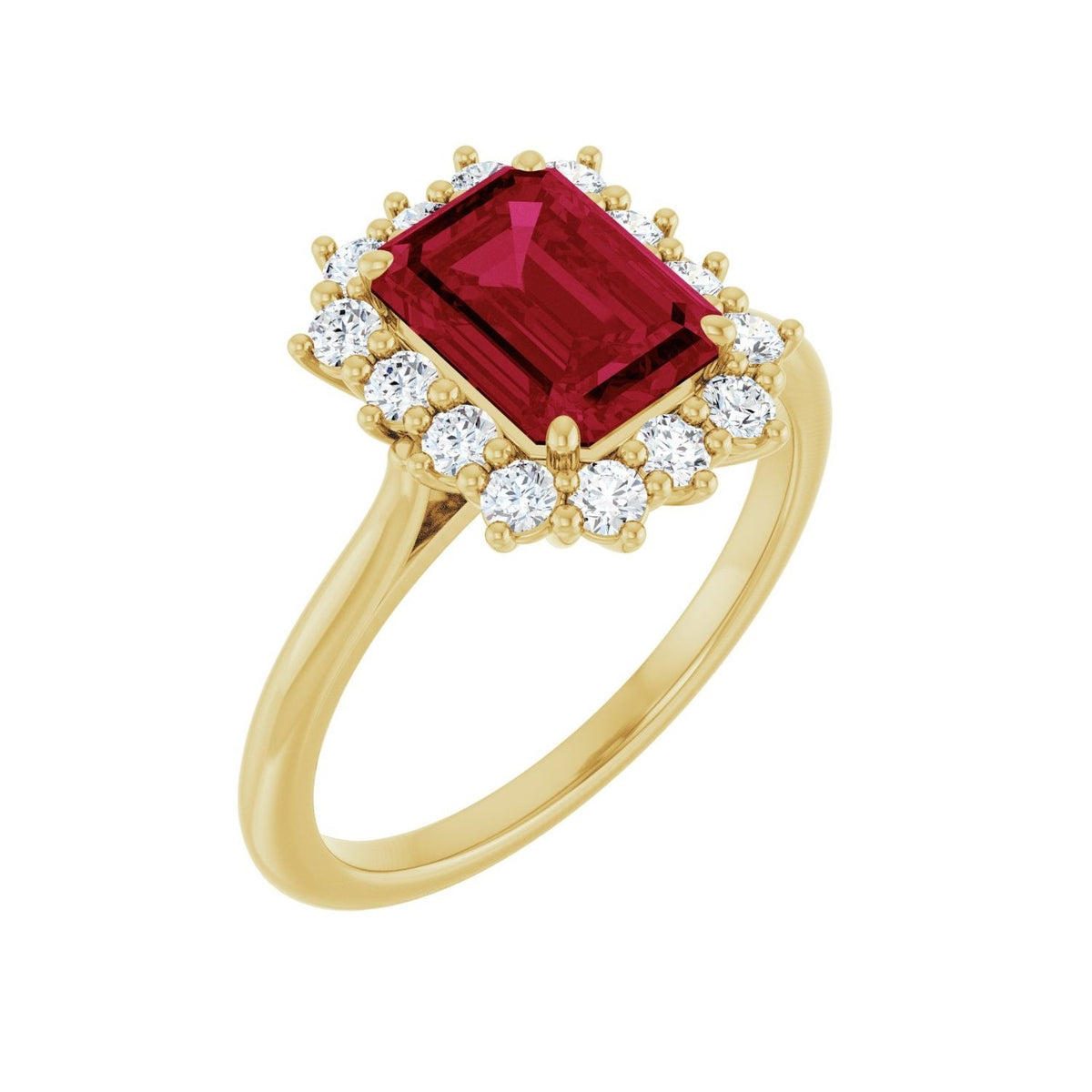 Sapphire Row Lab-Grown Gemstone Halo Ring - Ruby, 10K Yellow Gold, Emerald 8 × 6 mm · lab-grown diamond halo