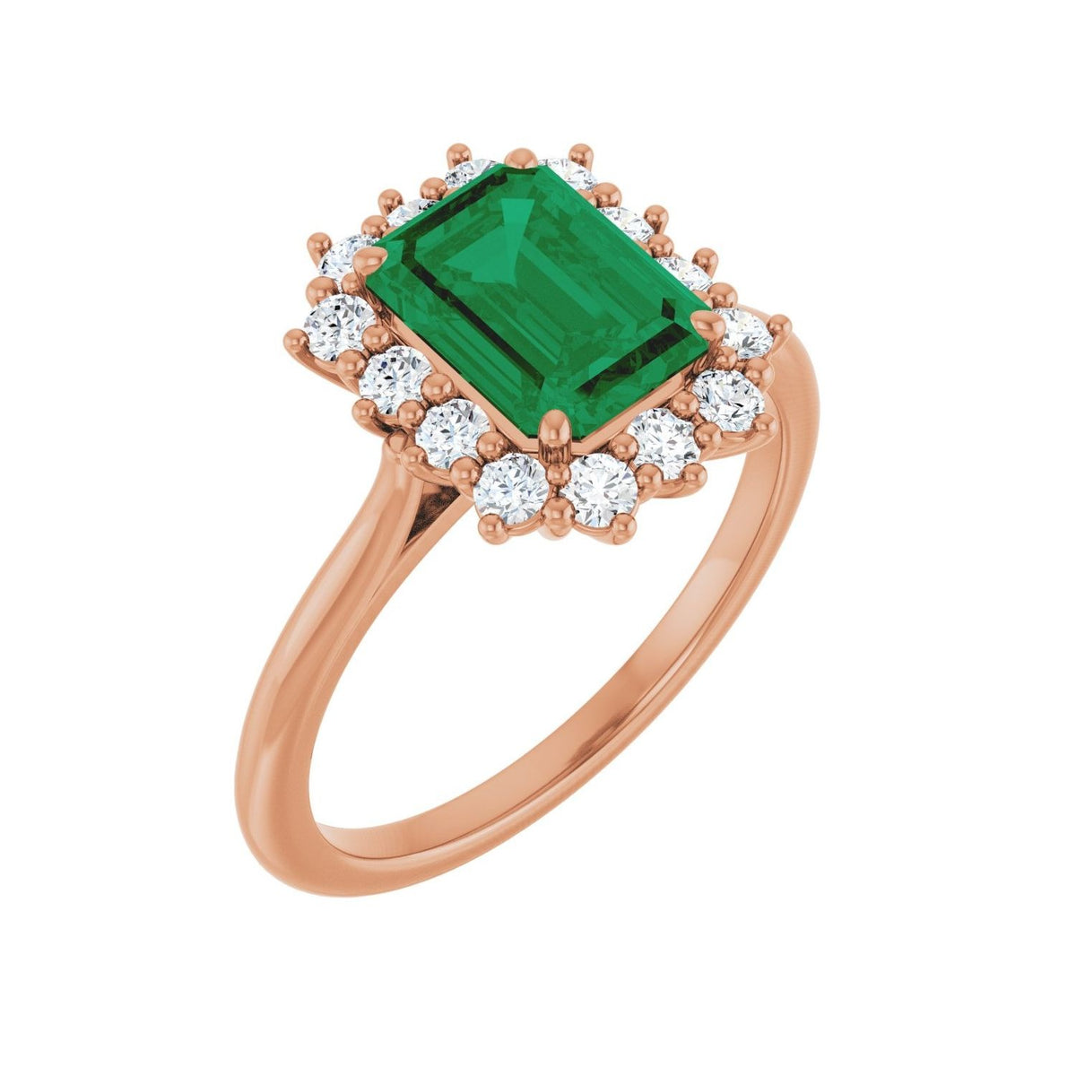 Sapphire Row Lab-Grown Gemstone Halo Ring - Emerald, 14K Rose Gold, Emerald 8 × 6 mm · lab-grown diamond halo