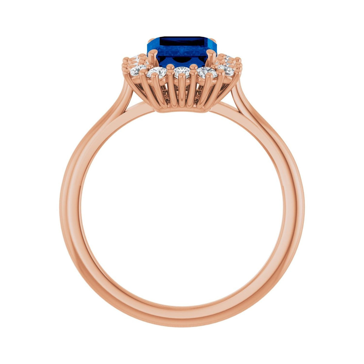 Sapphire Row Lab-Grown Gemstone Halo Ring - Blue Sapphire, 14K Rose Gold, Emerald 8 × 6 mm · lab-grown diamond halo (view 2)