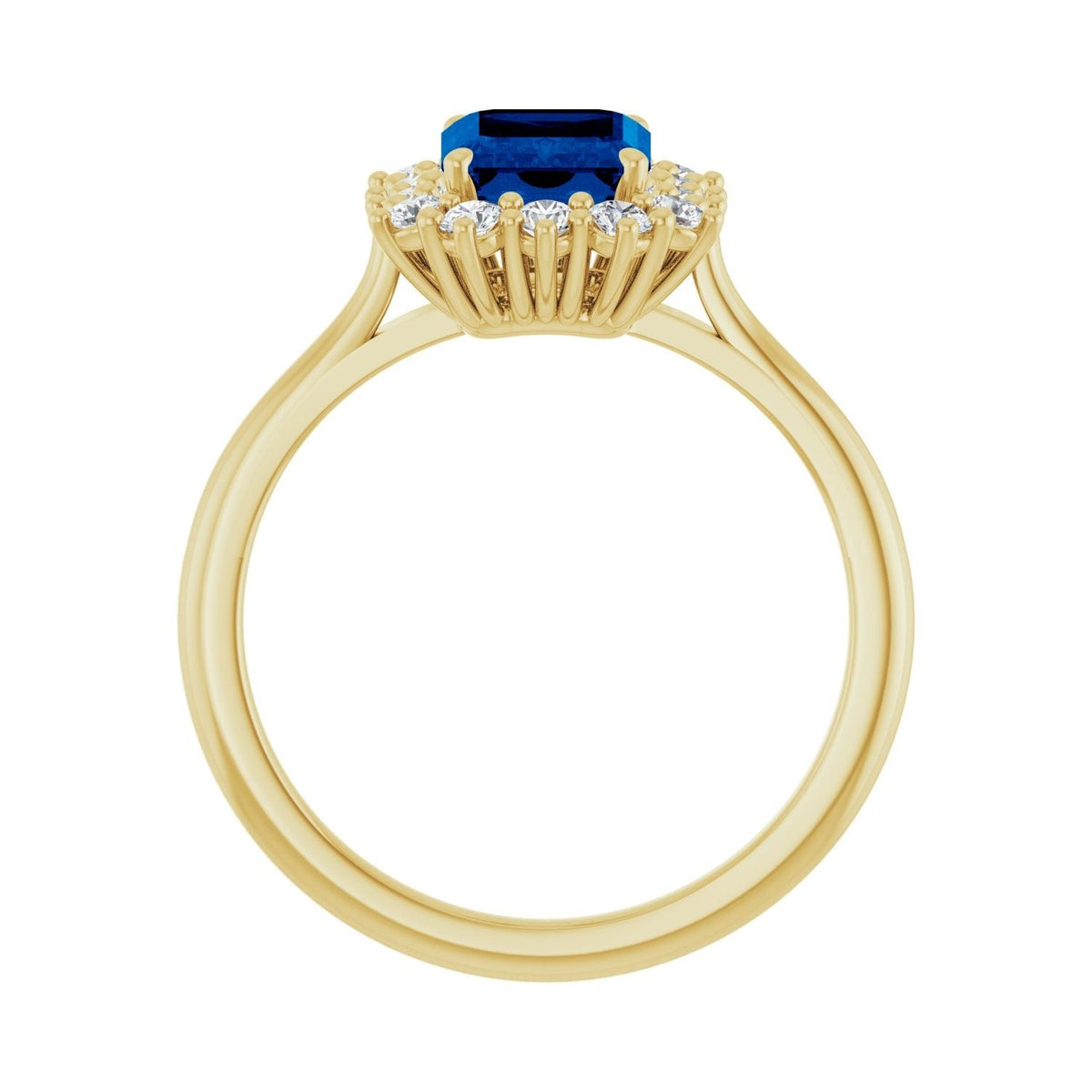 Sapphire Row Lab-Grown Gemstone Halo Ring - Blue Sapphire, 14K Yellow Gold, Emerald 8 × 6 mm · lab-grown diamond halo (view 2)